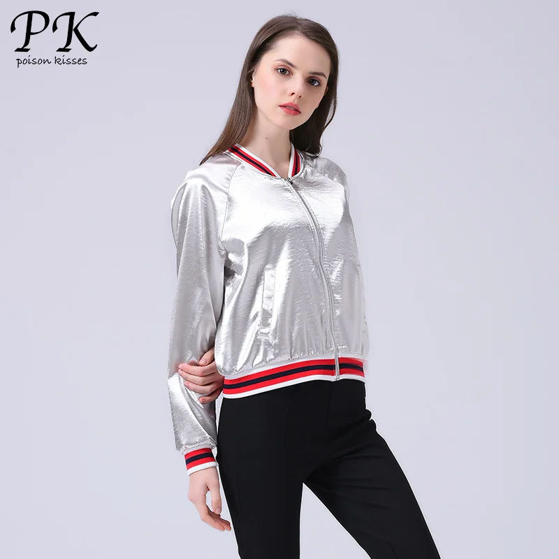 РК металлик чувство бомбардировщик куртка женщин стандартное пальто шайбу