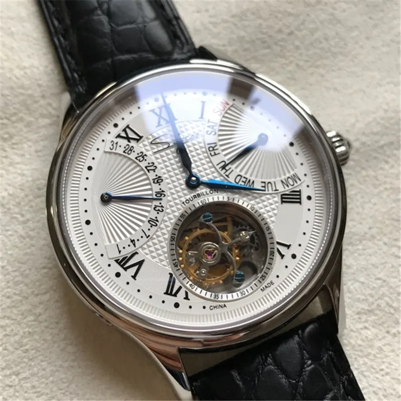 Роскошные часы ST8004 Tourbillon, мужские часы из крокодиловой кожи с календарем, дисплеем недели, мужские механические часы с ручным заводом, водонепроницаемые часы 5ATM