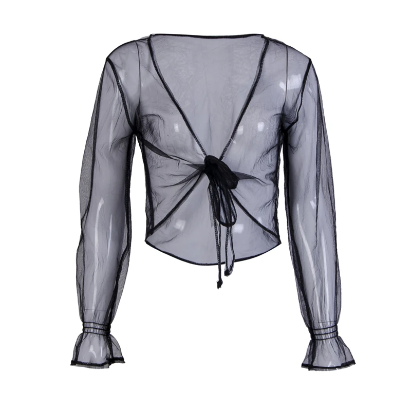Футболка женская прозрачная с глубоким треугольным вырезом и длинным