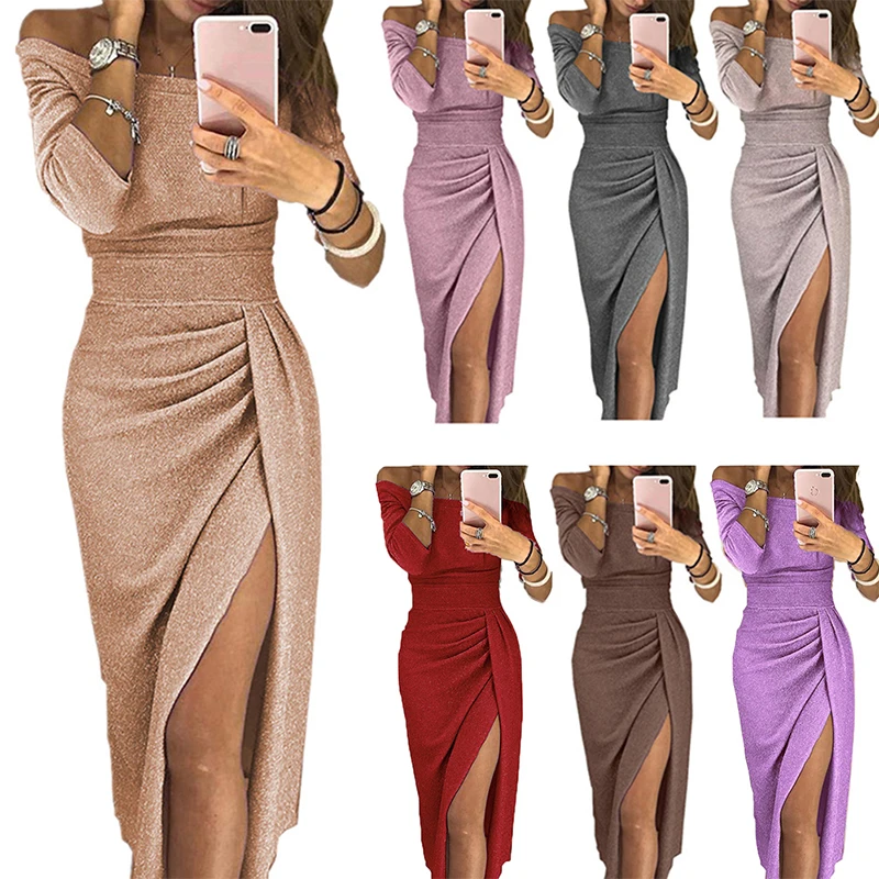 Yfashion, модное женское платье для вечеринки, vestidos, сверкающие платья, женское платье с открытыми плечами, сексуальное платье с разрезом