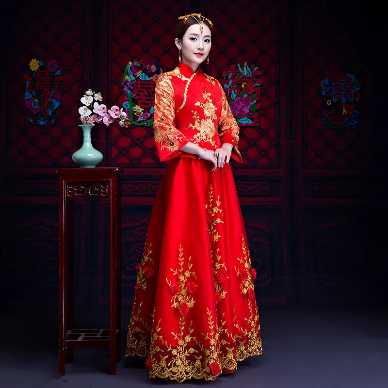Красное свадебное платье Традиционный китайский национальный костюм Ципао для