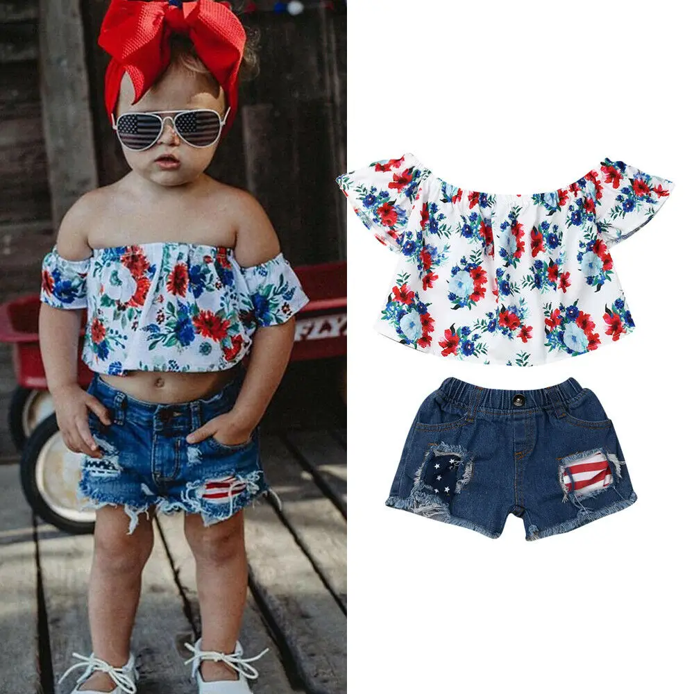 Летняя одежда для маленьких девочек комплект из 2 предметов топы с открытыми