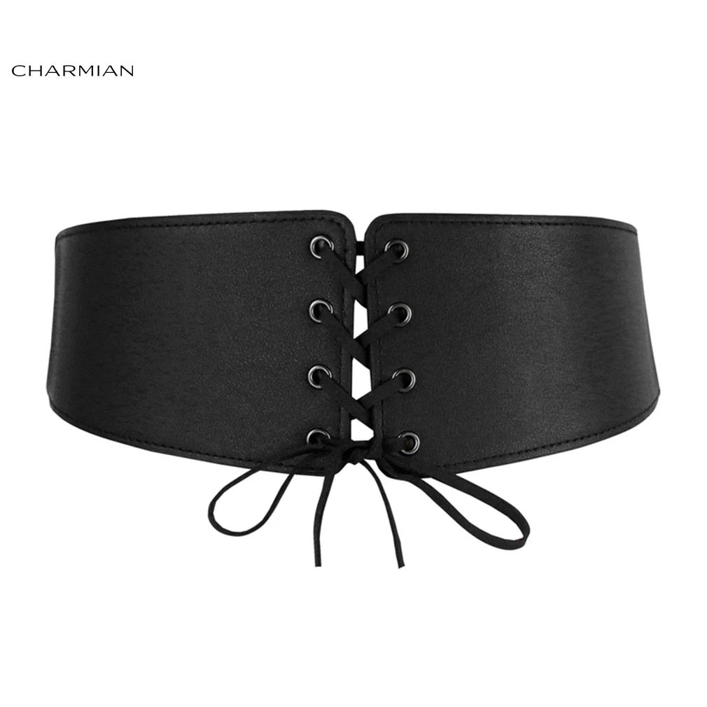 

Женский Повседневный Пояс Charmian, черный эластичный широкий пояс из искусственной кожи на шнуровке