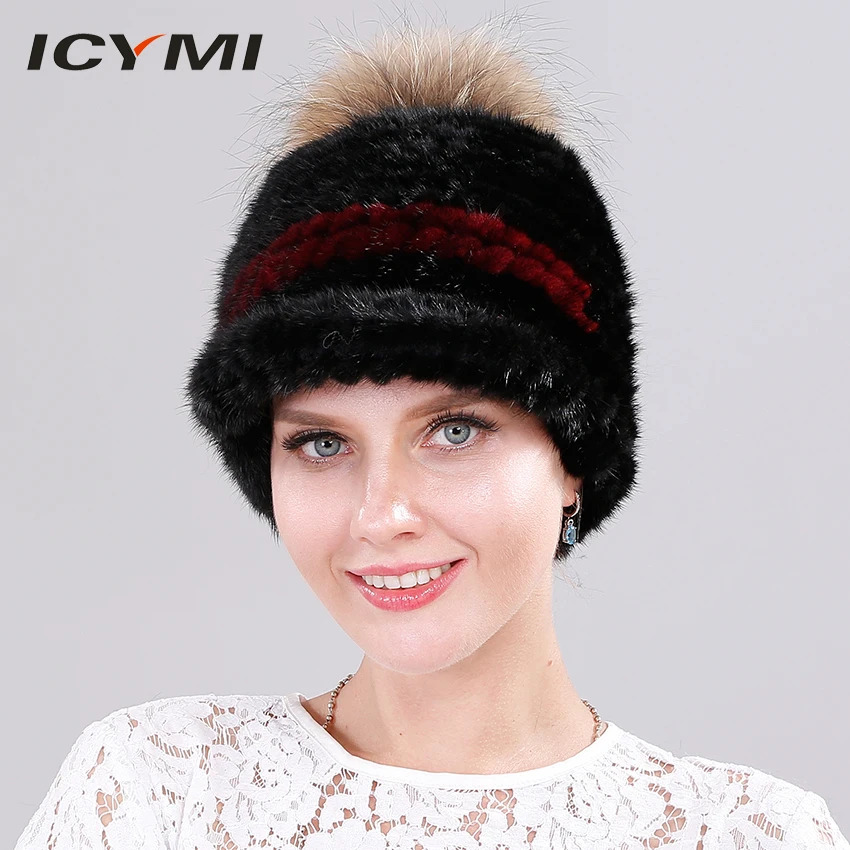 

ICYMI Mink Fur Baseball Cap for Women Fashionable Fur Knitted Hat with Raccoon Fur Pompom Top Patchwork Winter Mink Hat for Girl