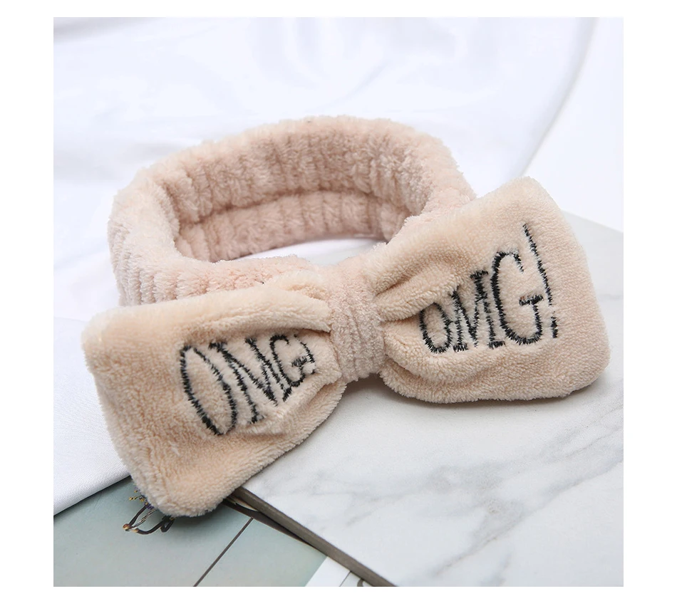Новые яркие OMG с буквенным принтом и бантиком, из кораллового флиса; повязка на голову для Для женщин мыть уход за кожей лица повязки, резинки для волос Головные уборы для девочек аксессуары для волос