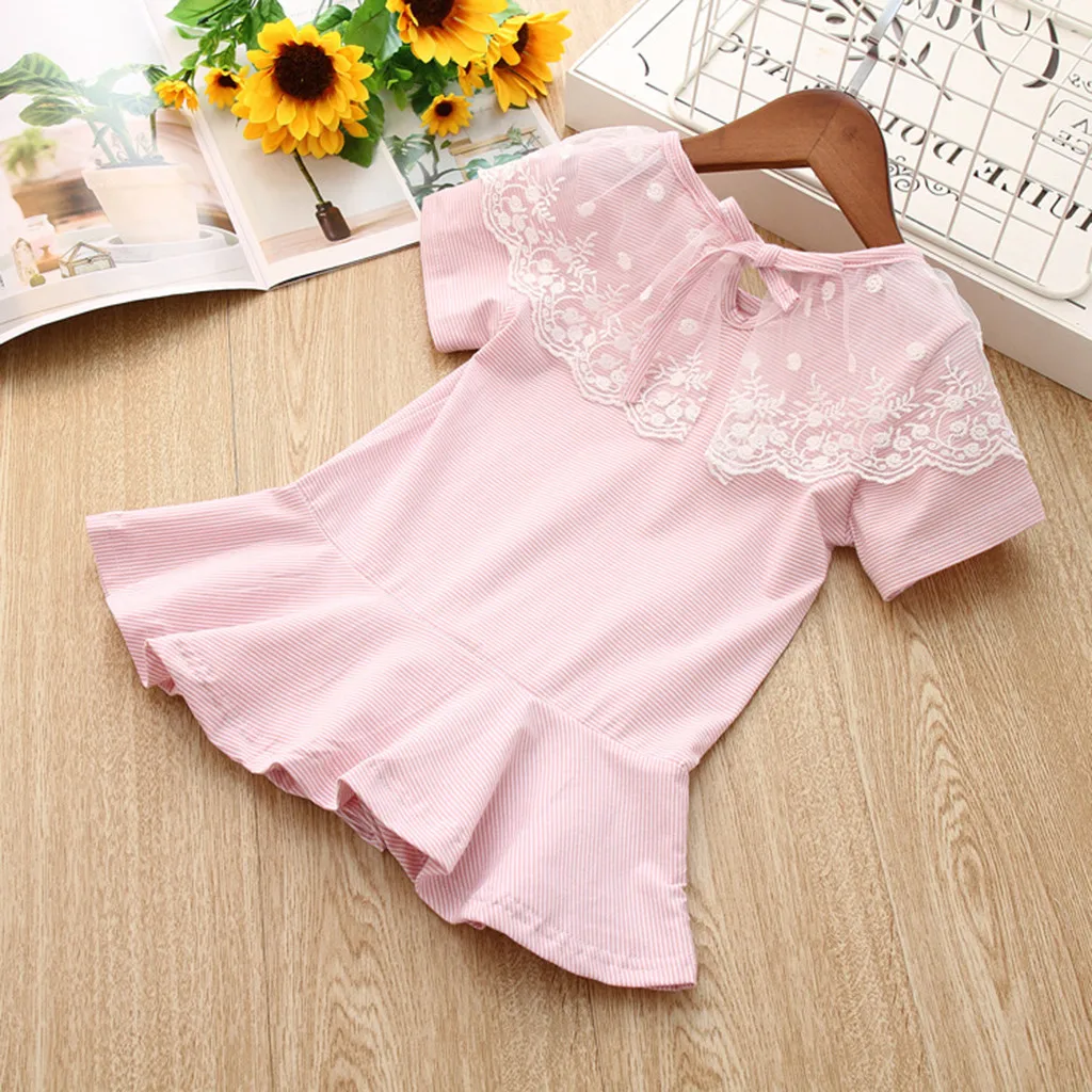 Toddler Kids Baby Girls Clothes Peter Pan Collar O Neck Short Sleeve Stripe Lace Party Princess Dresses Cotton Newborn Costume | Детская
