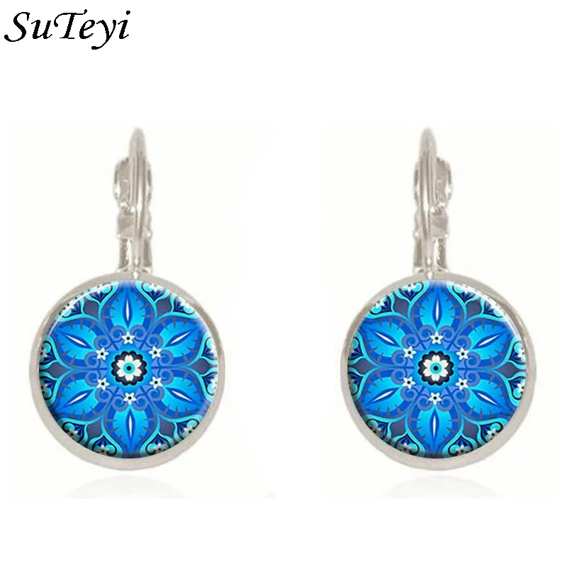 SUTEYI Яги хна стеклянный купол серьги для женщин с голубыми цветами рисунком