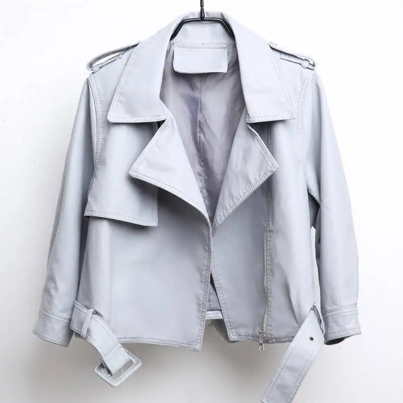 Grey blue Куртка из искусственной кожи, Женская Весенняя куртка из искусственной кожи, черная мотоциклетная верхняя одежда на молнии, куртка, уличная женская кожаная куртка Q1400 - Цвет: Grey blue