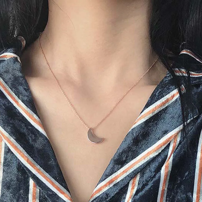 Luxury Simple Sweet Cute Rose Gold Coated Solid Moon Pendant Choker Necklace for Women Girls Wedding Party Charm Jewelry | Украшения и
