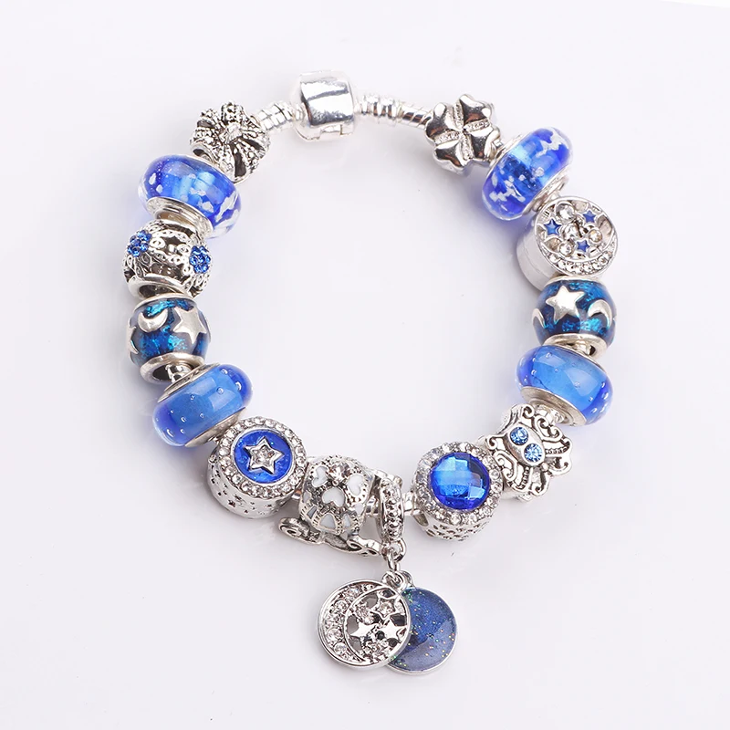 AIFEILI новые синие стеклянные браслеты-Шармы и браслеты звезда серебряного цвета