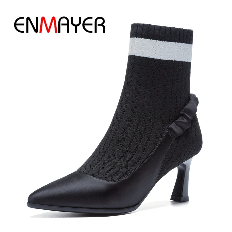 ENMAYER Pointed Toe Slip-On Basic Thin Heels Women Shoes Zapatos De Mujer Boots Women Size34-40 ZYL1866