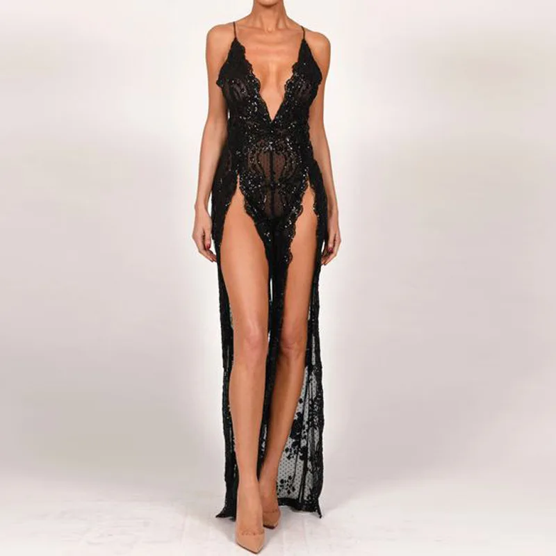 Backless Jumpsuit Women Rompers Sexy Side Split Bling Sequined Clubwear Party Night Casual Long Playsuit Drop Shipping | Женская одежда