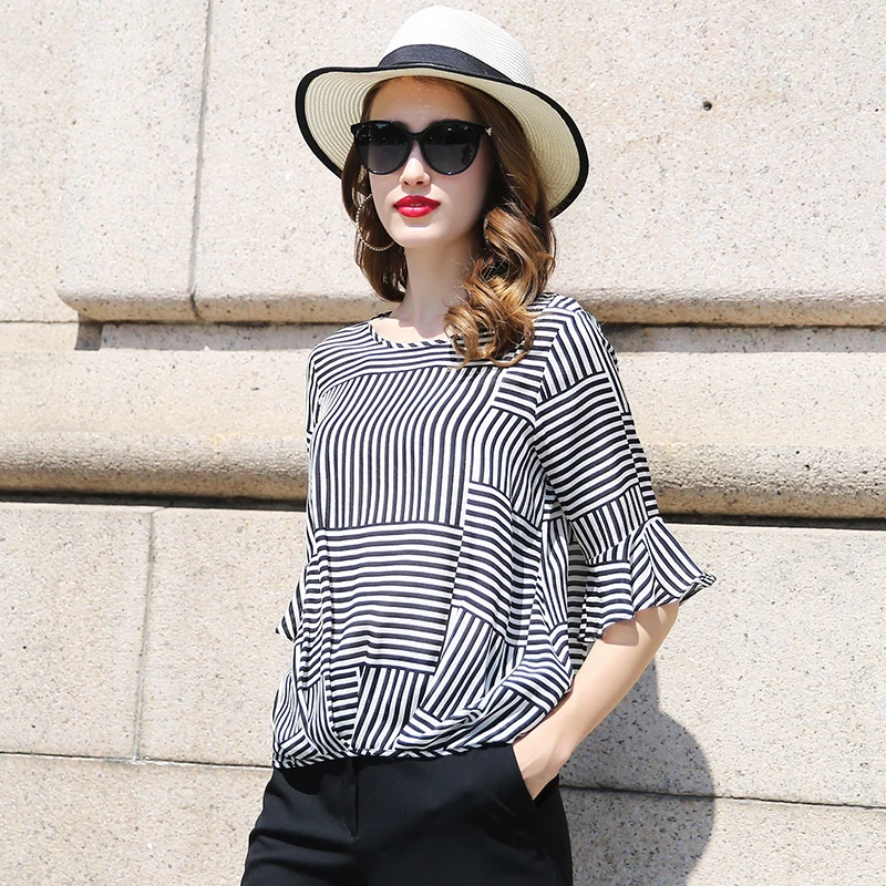 100% Silk Blouse Women Lightweight Fabric Striped Printed Plus O Neck Ruffles Half Sleeves Loose Casual Tops New Fashion 2017 |