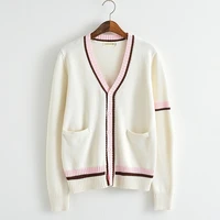 pink color bars knitted cotton sweater beige white v neck long sleeved cardigan japan uniform sweater