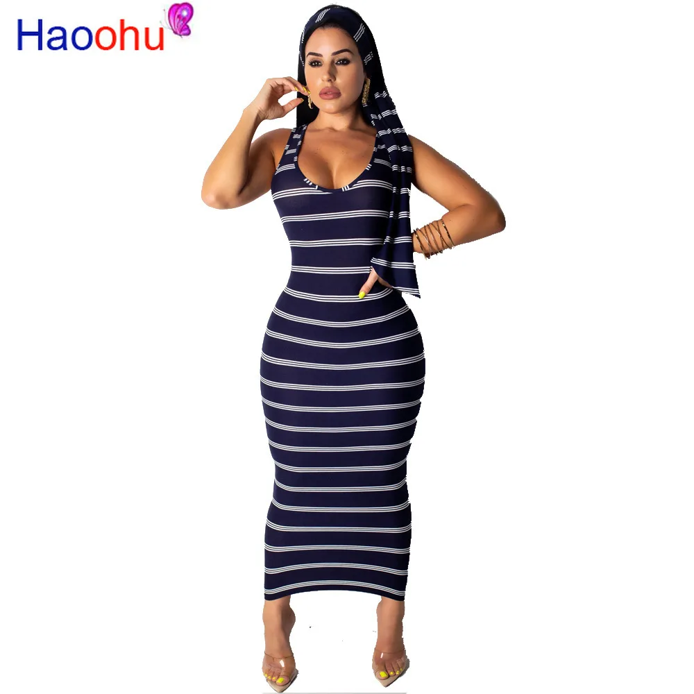 

HAOOHU Sexy tira Maxi Vestido Mujer verano cuello redondo sin mangas vestido de verano elegante vendaje Club Bodycon Vestidos