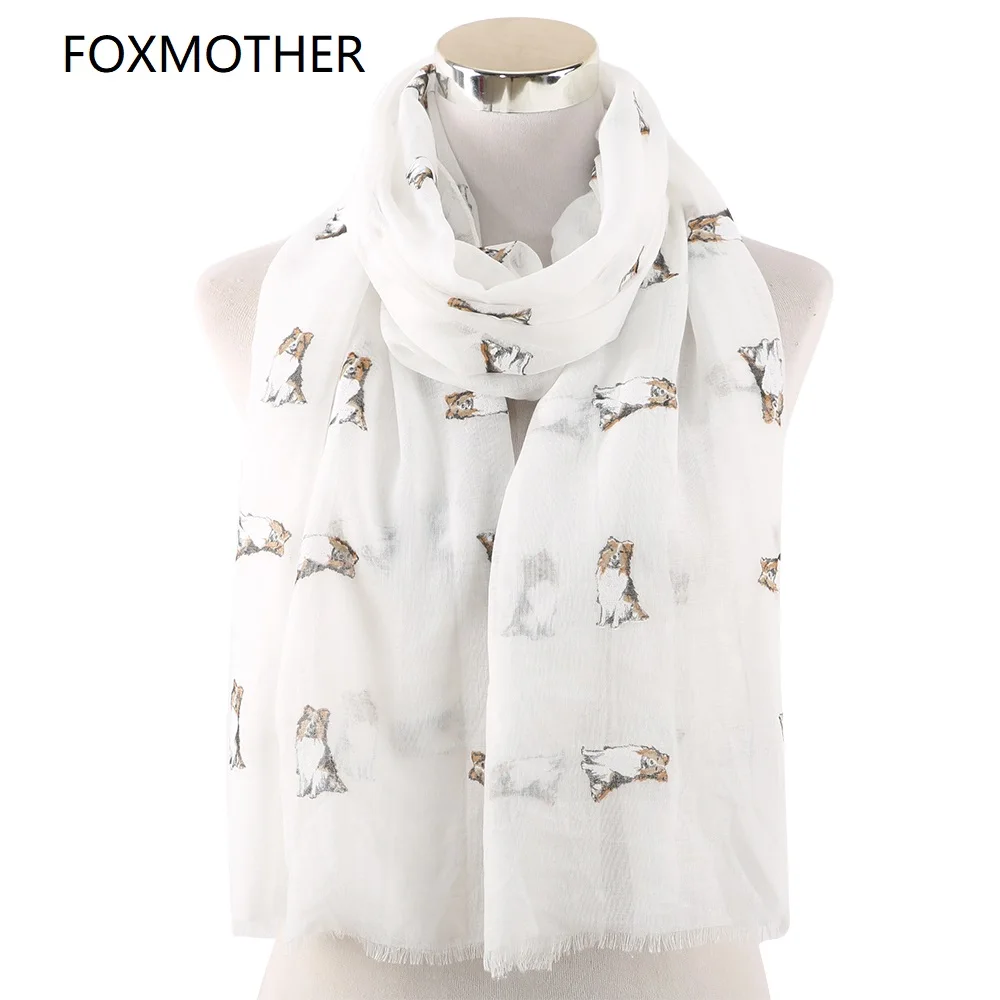 Женский легкий шарф FOXMOTHER белый розовый небесно-голубой с принтом собаки подарок