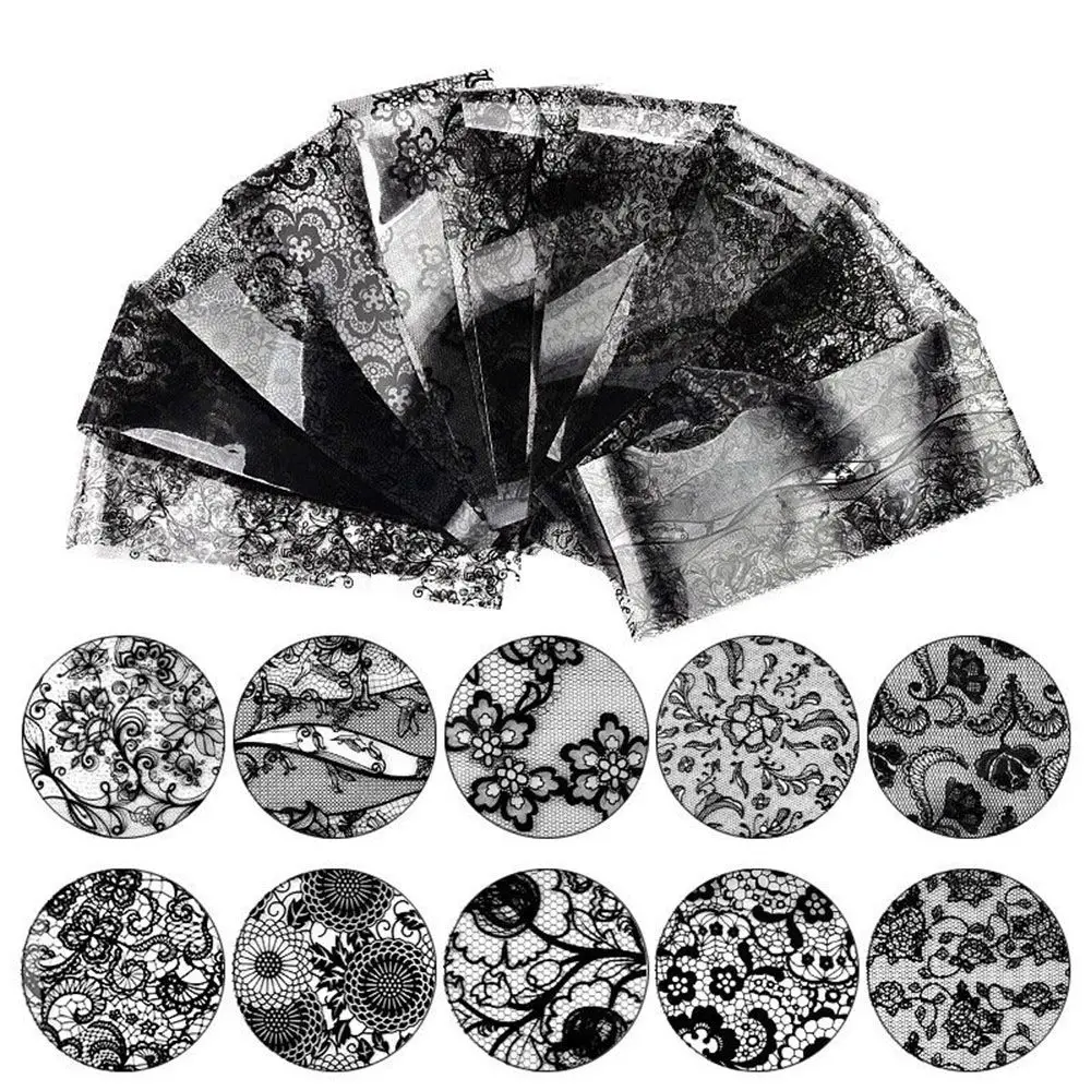 10 Sheet 4*20cm Black Lace Transfer Sticker Foil Nail Art Sexy Full Wraps Flower Glue Adhesive DIY Floral Manicure Styling Tools | Красота и