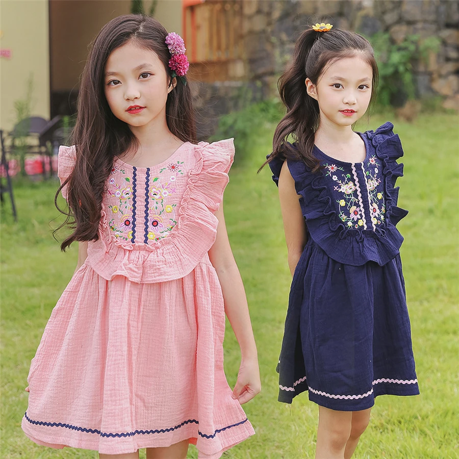 Лето 2019 платья принцессы для девочек льняное темно-синее и розовое платье