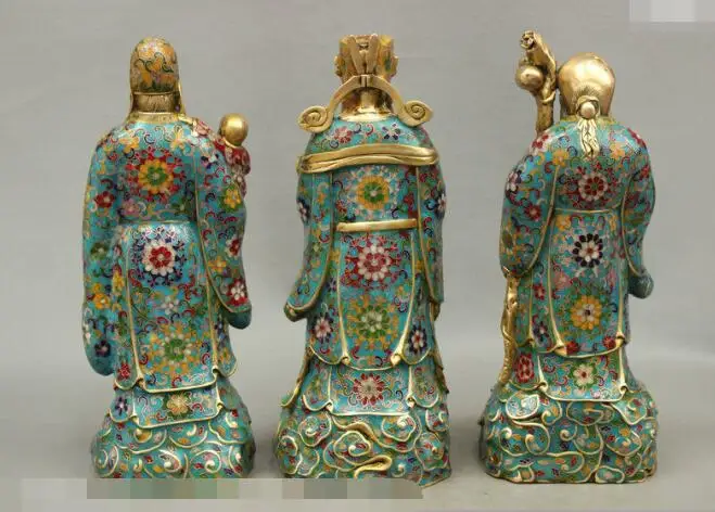 

35cm 14" China Cloisonne Enamel Bronze 3 Longevity God Fu Lu Shou Life RuYi Kid Statue