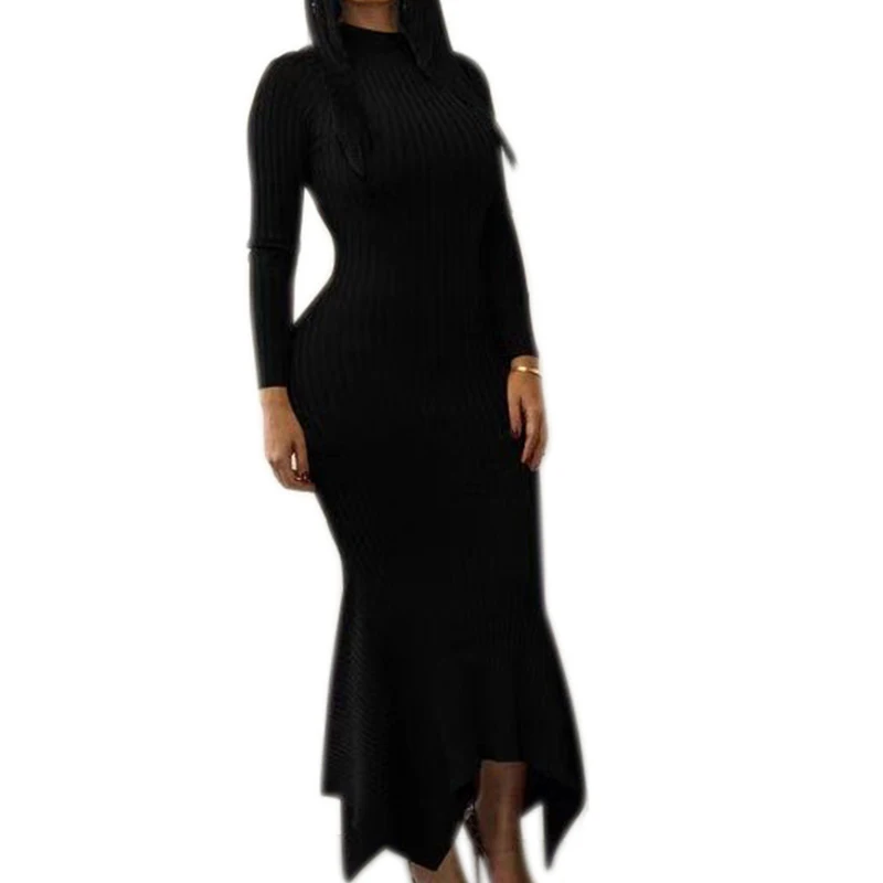 Full Sleeve Ribbed Knitted Dress Women Autumn Winter Bandage Bodycon Long Dresses Fashion Sweater Mermaid Party Wear | Женская одежда