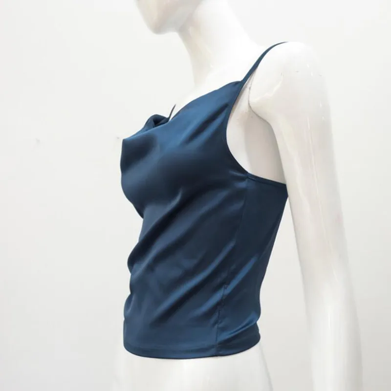 2017 New Ladies Sexy Simple Solid Blue Santin Silk Camis Tank Top Date Party Street Style | Женская одежда