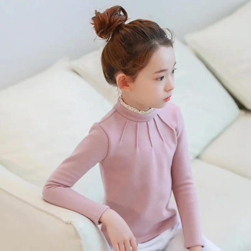 

DFXD Korean Kids Girl Shirt Winter Long Sleeve Soild Lace Turtleneck Thick Velvet Princess Girls Top Fashion Children T-shirt