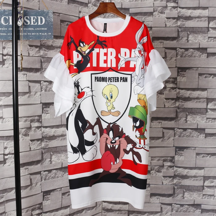 Женские с героями мультфильмов платье принтом плюс Размеры круглым вырезом