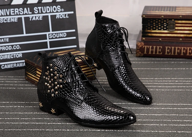 

2016 European style high quality snakeskin motorcycle boots men shoes pointed rivet lace up ankle boots black cheap price EU46