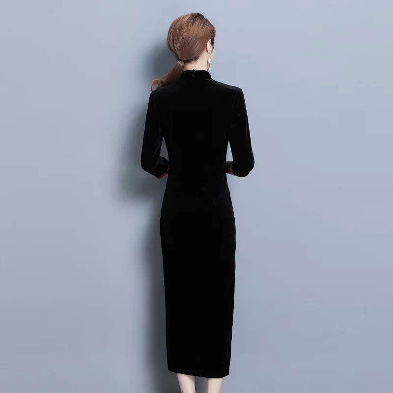 Китайское традиционное платье черного цвета Cheongsam Qipao велюровое вечернее с