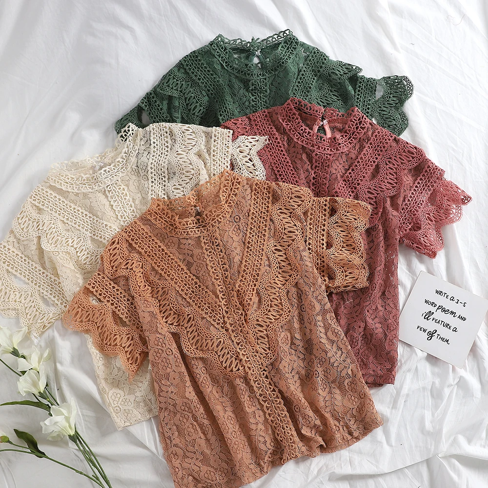 Moda feminina blusas модные брендовые летние женские кружевные блузки с сеткой открытые