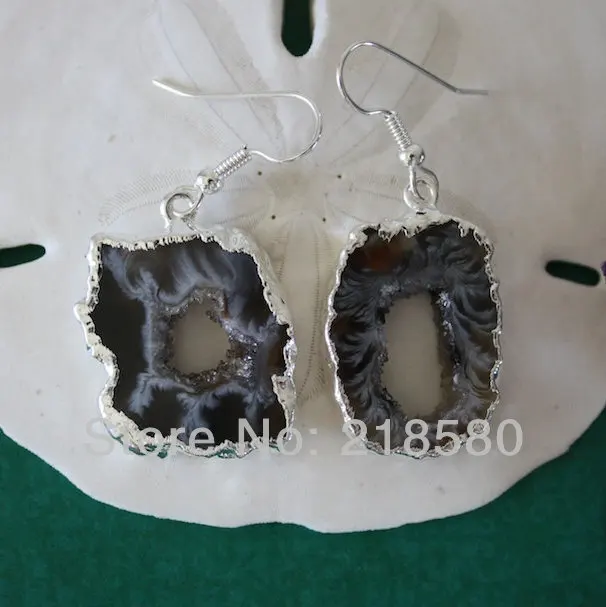 H QE04 5 парт/Лот черные серьги с серебряным покрытием|earrings geodes|geode slice earringsdruzy agate