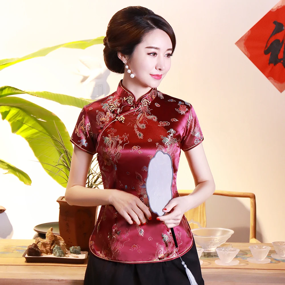 

Chinese Style Satin Summer Blouse Women Novelty Print Dragon Shirt Traditional Button Clothing Vintage Animal Tang Tops