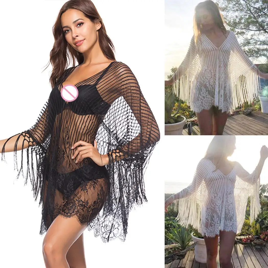 New Fashion Women Beach See Through Floral Bikini Cover Loose Up Regular V-neck Long Sleeve Tassel |
