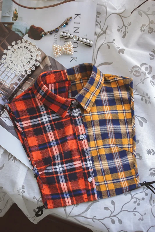 Double Patch Colorful Checkered Red Yellow Necklace Vest Shirt turn down detachable fashion shirt sweater false collar necklace | Женская