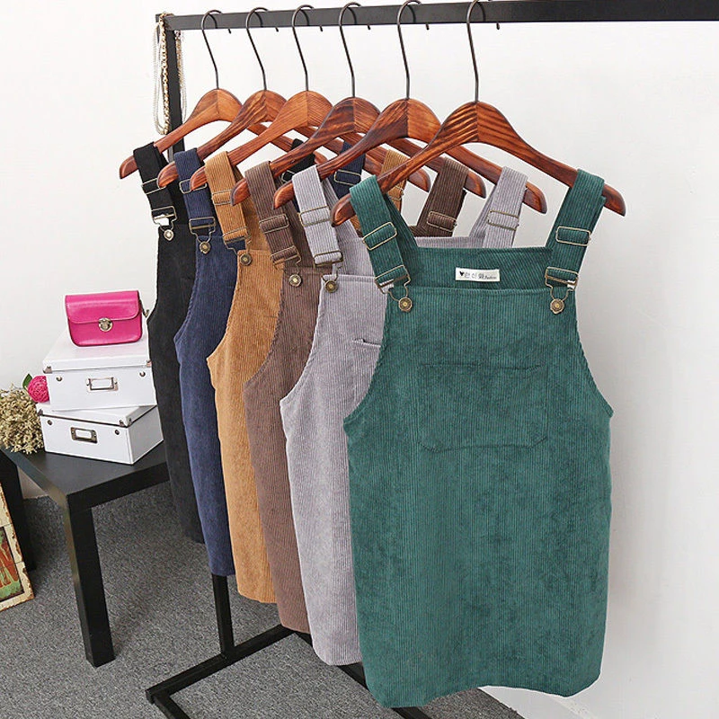 

New Fashion Korean Style Corduroy Women's Retro Preppy Style Solid Pure Color A Line Summer Suspender Mini Skirt
