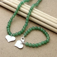 doteffil 8mm green agate beaded chain 925 sterling silver heart pendant necklace bracelet set for women wedding jewelry