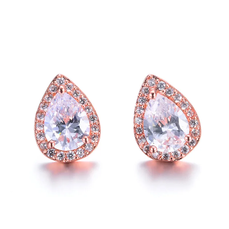Rose Gold White Серьги-гвоздики с австрийскими кристаллами в форме груши для женщин, 925 серебро, розовое золото, заполненные радугой, белые, синие, зеленые серьги с огненным опалом для женщин - Окраска металла: Rose Gold White