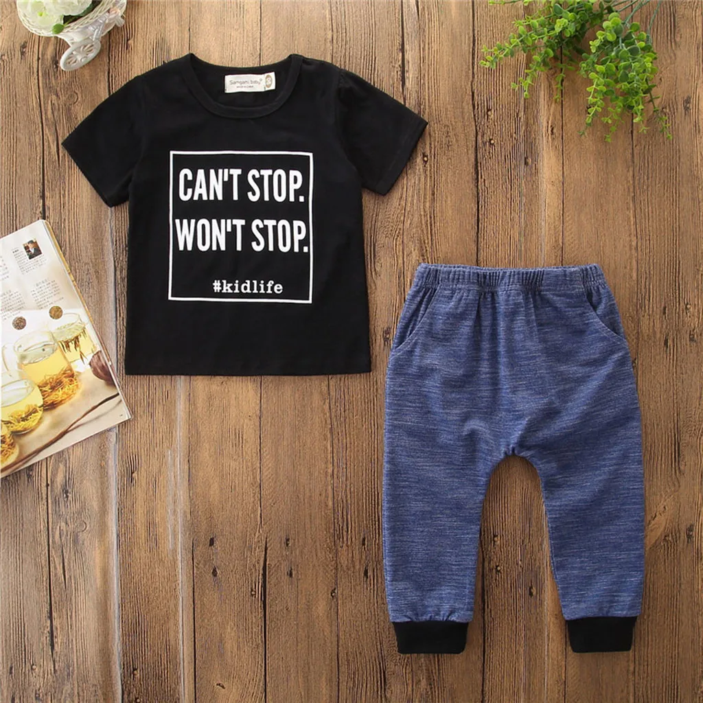 Perimedes Fashionable Kids Boys Summer Clothing Toddler Kid Baby Boy Outfits Clothes Letter Print Short Sleeve T-shirt+Pants Set | Детская
