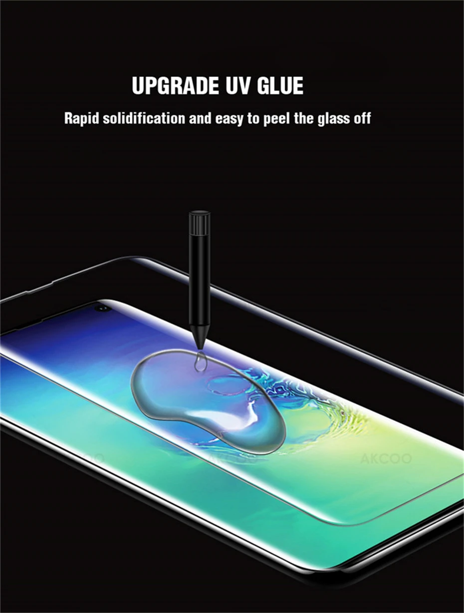 Akcoo S10 защита для экрана из закаленного стекла с большой УФ-лампой для samsung Galaxy S8 9 10 Plus УФ-стекло для Note 8 9 10 Plus стекло