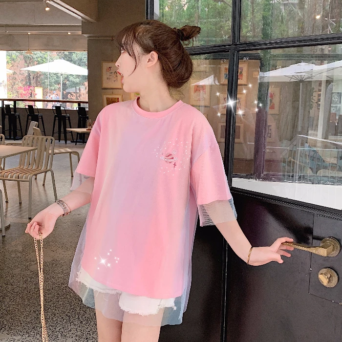 Свободная вышитая Сетчатая футболка с коротким рукавом женские футболки Япония