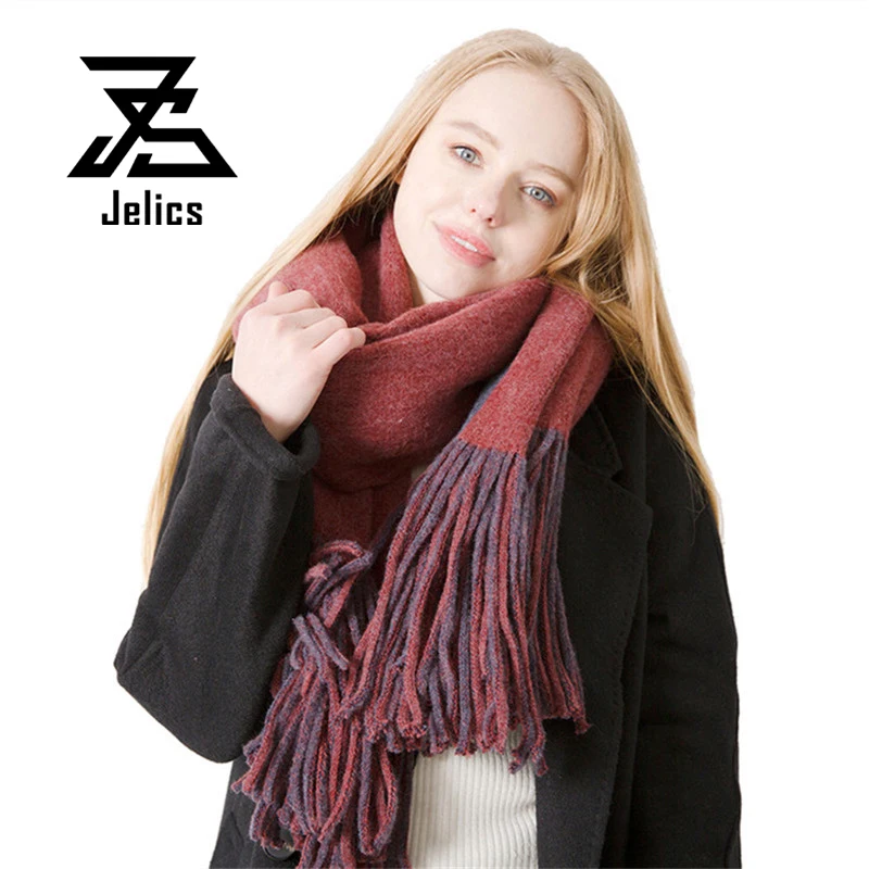 

Jelics осенне-зимний длинный двусторонний однотонный шарф с кисточками, имитация шерсти, толстый теплый большой шарф-шаль