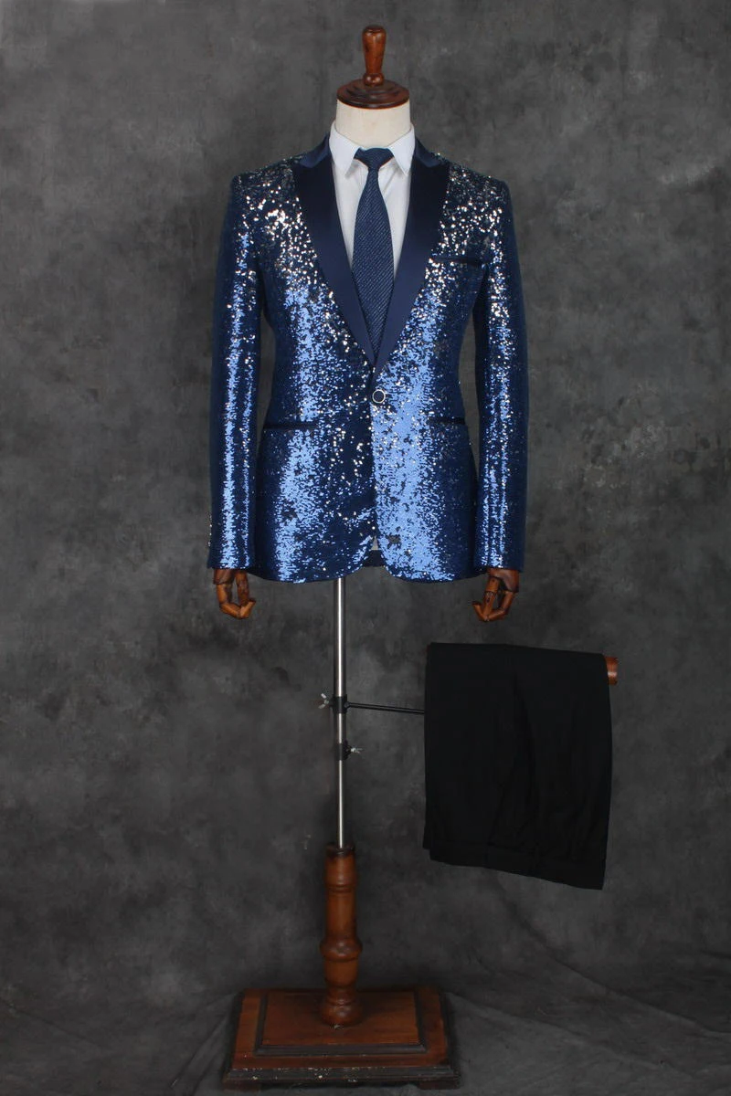 Роскошный мужской смокинг с блестками и вышивкой черный/синий/золотистый для