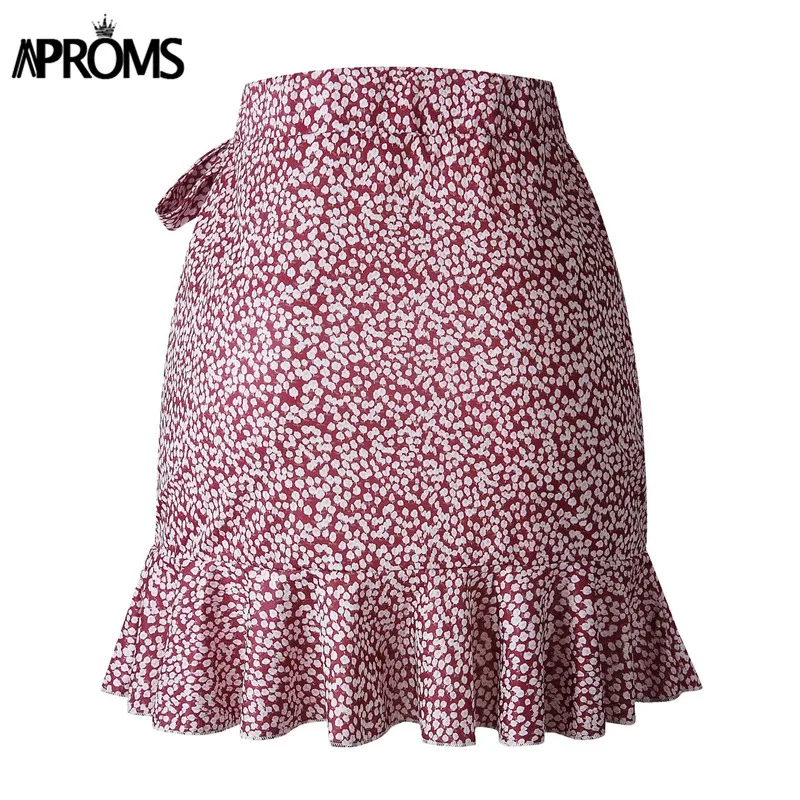 Aproms мульти точка печати Короткие мини-юбки женские летние рюшами Высокая талия с бантом галстук юбка дамы уличная тонкий низ Saias
