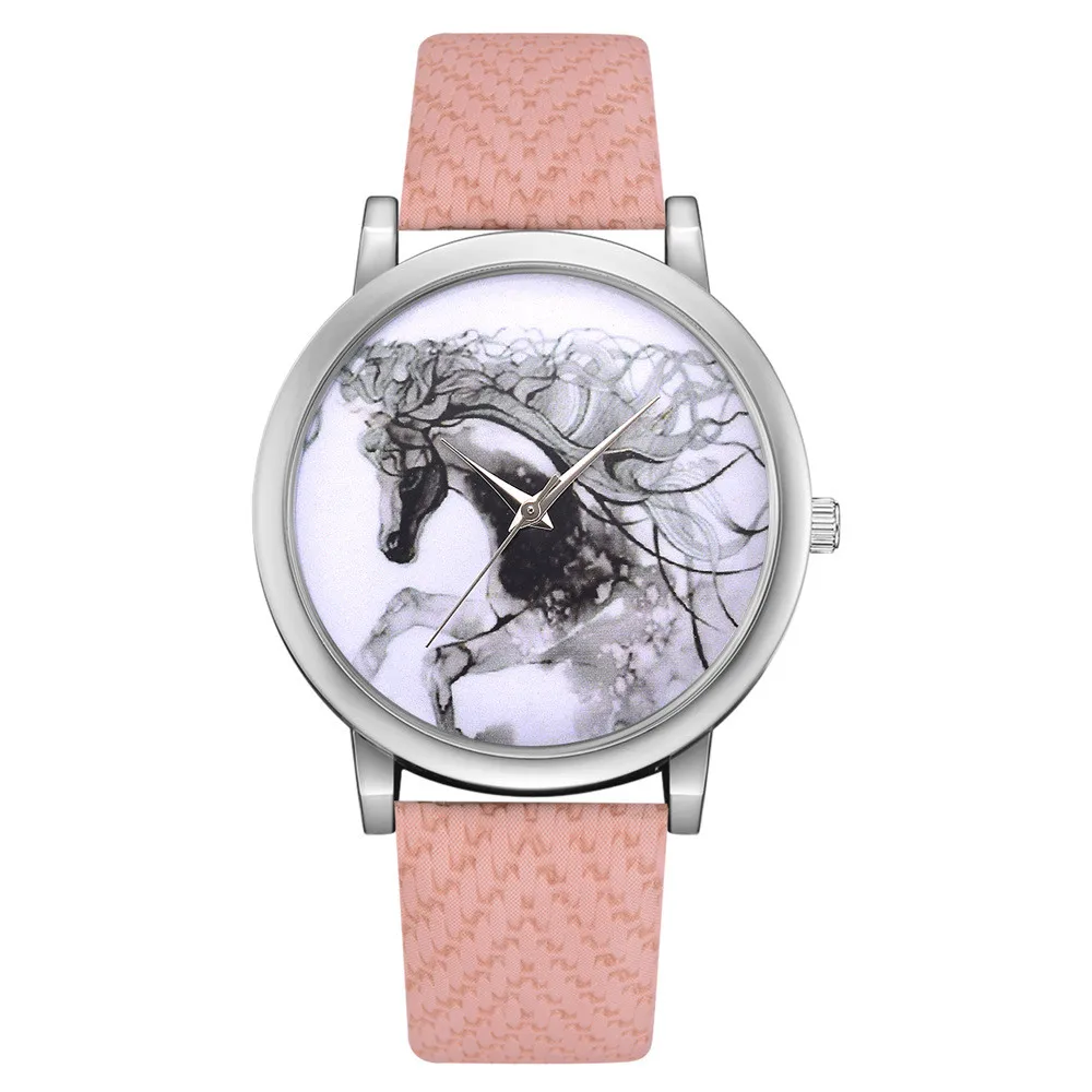 Винтажные женские серебряные часы Montre Femme Reloj Mujer женские часы с ремешком из искусственной кожи с рисунком лошади кварцевые круглые наручные часы - Цвет: Pink