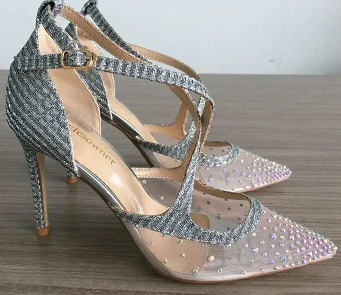 10cm heel Stylesowner новые свадебные туфли серебристого цвета с поперечным Ремешком с сияющими блестками туфли-лодочки на шпильке Стразы сетчатые прозрачные босоножки; большой размер - Цвет: 10cm heel