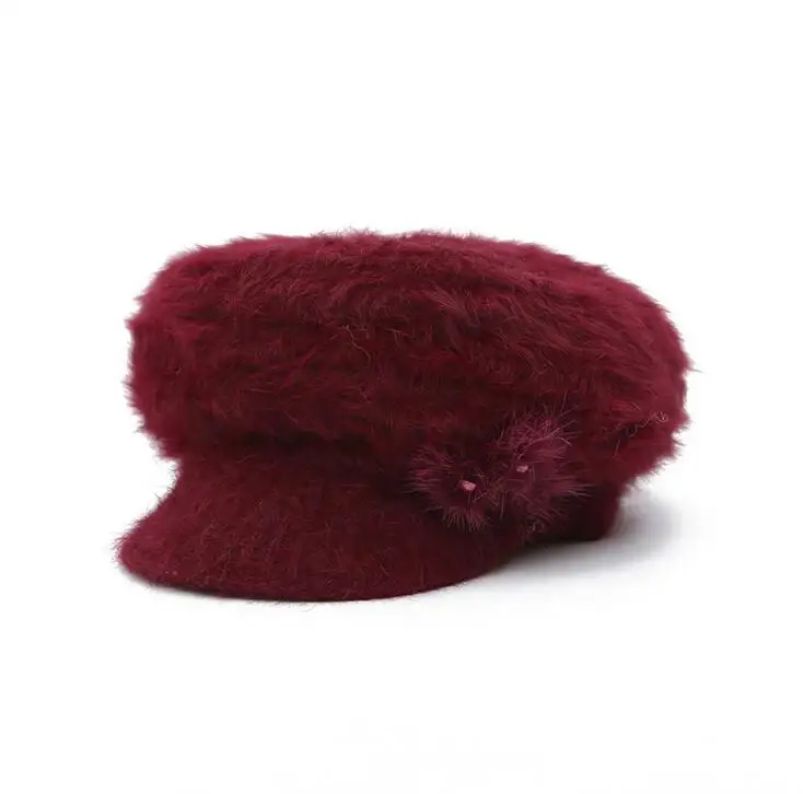 Winter 100% Rabbit women hat flowers Blending girl Berets cap Knit Crochet hats Warm soft solid warm fashion caps | Аксессуары для