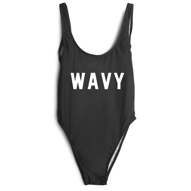 

WAVY Letter One piece Swimwear Women Summer Sexy low back Bathing Suits Style High Cut Beachwear Jumpsuit us size S-XL