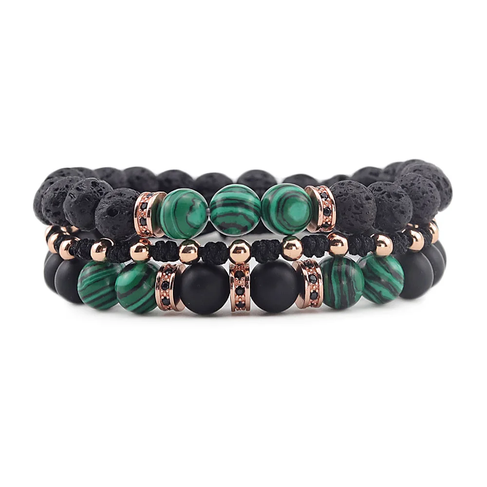 3pcs/Set Luxury CZ copper Charm mens Bracelet Braided macrame Malachite natural stone beads bracelets &amp bangles for Men Jewelry |