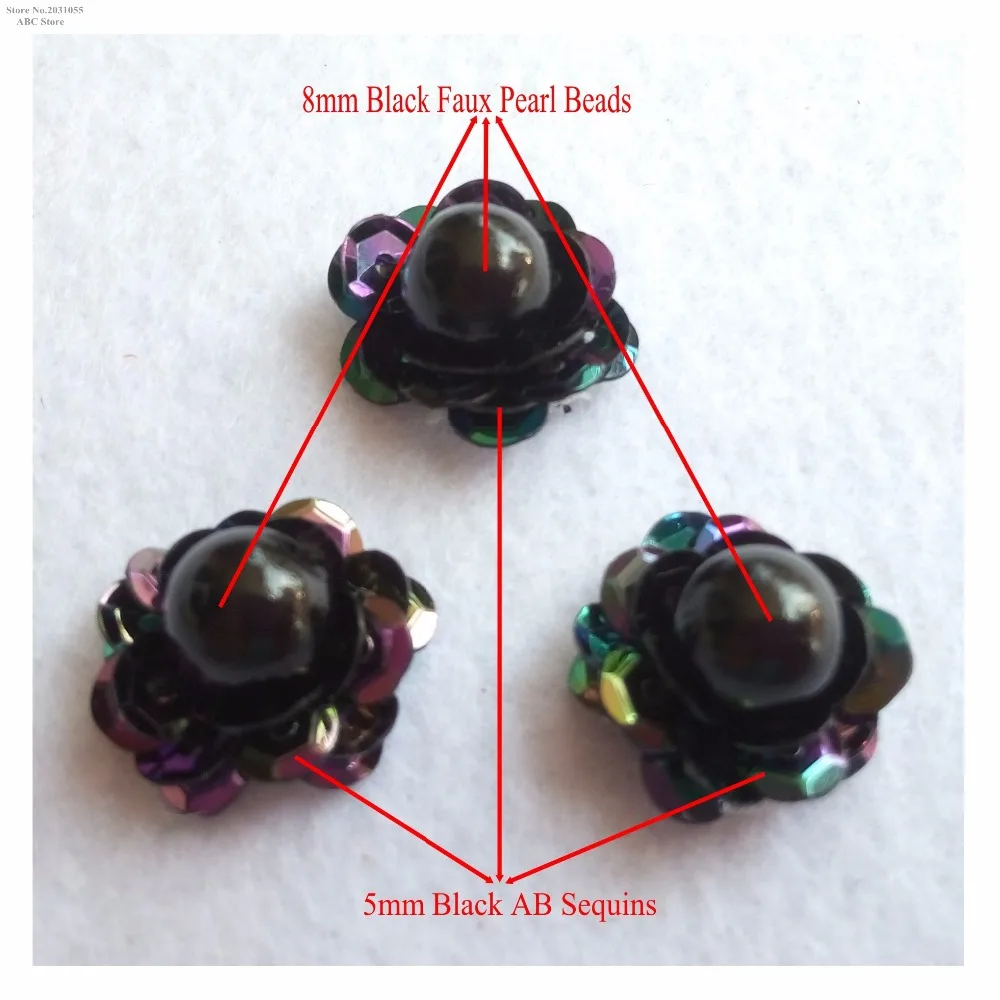 New 3D Black Sparkling Padded Sequined Bead Faux Pearl Flower Appliques Patches Costume Wedding Decoration x 15pcs/lot TBNC125C | Дом и сад