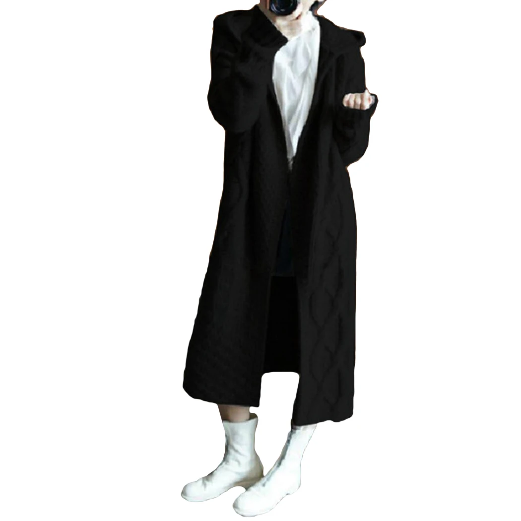 Black New Women Knitted Hooded Sweater Long Cardigan Autumn Long Sleeve Loose Sweaters Coat Female Warm Solid Cardigans Outwear - Цвет: Black